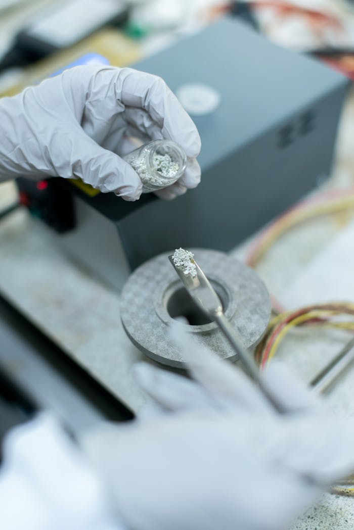 Close-up of a scientist handling metal samples in a laboratory experiment with precision tools.