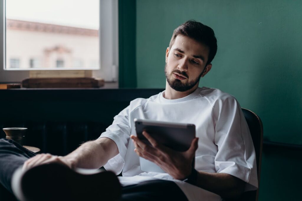 Mindful productivity and wellness concept pic shows man with tablet